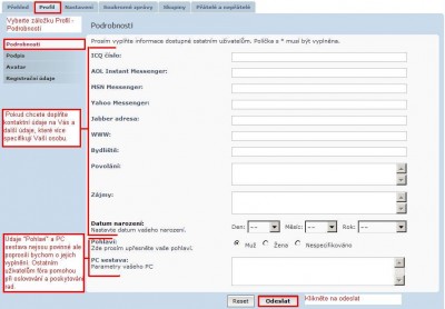 Uživatelský panel - Profil - Podrobnosti (pro zvětšení klikni)